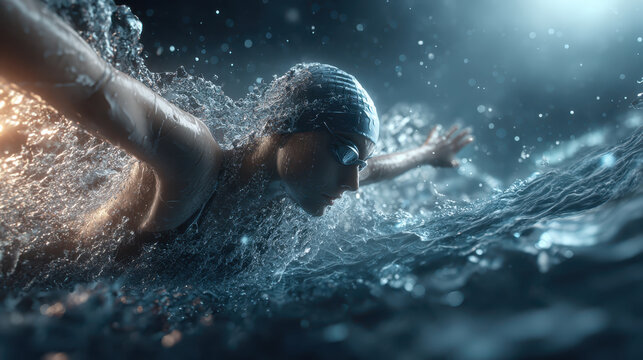 Female swimmer in cap and goggles cutting through turbulent water with powerful butterfly stroke, cinematic lighting and dynamic motion conveying focus and determination