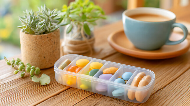 pill organizer with morning and evening doses, symbolizing consistency, medication adherence, and healthy routines