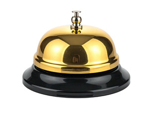 A shiny gold bell sits atop a black base, isolated against a dark background
