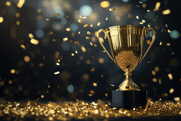 Golden trophy cup with falling confetti and bokeh lights award celebration