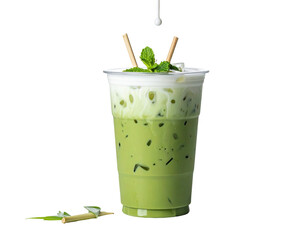 Iced green tea beverage with milk froth, mint, straws, ice, and a black background