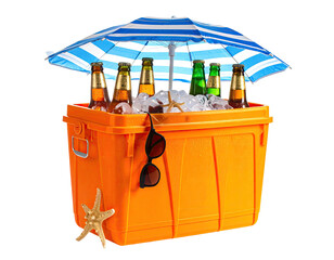 Bright orange cooler with beers & ice under a striped umbrella, starfish & shades