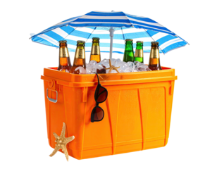 Bright orange cooler with beers & ice under a striped umbrella, starfish & shades