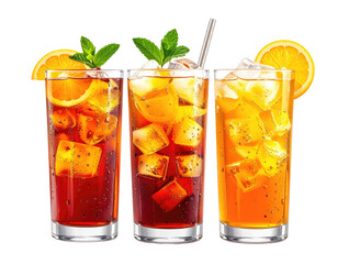 Three tall glasses of refreshing, iced tea with orange slices, mint & a straw