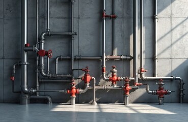 Naklejka premium Complex pipeline system on concrete wall. Metal pipes with red valves show connection. Industrial setting with sunlight. Plumbing, engineering illustration for industry 4. 0 concepts. Manufacturing