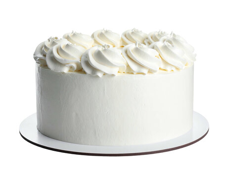 Circular white cake, smooth sides, topped with swirled frosting, sitting on a round base