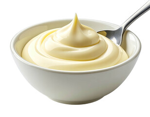 Creamy, swirled, light-yellow condiment in white bowl, spoon resting in it