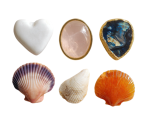 Seashells, gems heart, oval rose quartz, blue stone close-up