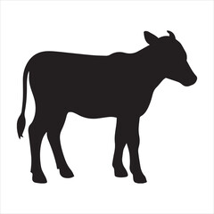 Hand drawn vector silhouette of standing calf isolated on white background. Black and white stock illustration of baby cow.
