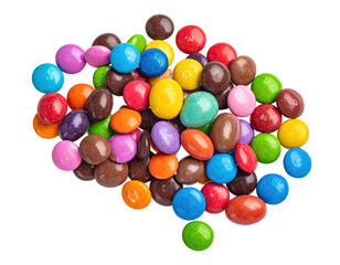 Overhead close-up of a scattered pile of vibrantly-colored, coated candies