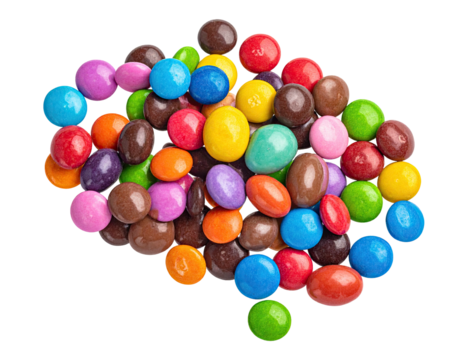 Overhead close-up of a scattered pile of vibrantly-colored, coated candies