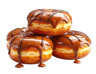 Four golden pastries with chocolate icing cascading over a dark background