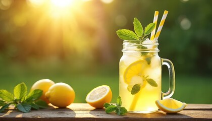 Fresh lemonade drink with ice and mint on table. Glass mason jar with cold beverage, lemon slices and rosemary. Healthy summer refreshing drink on wooden table in garden.
