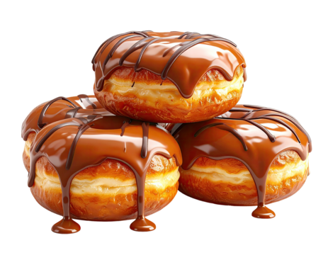 Four golden pastries with chocolate icing cascading over a dark background