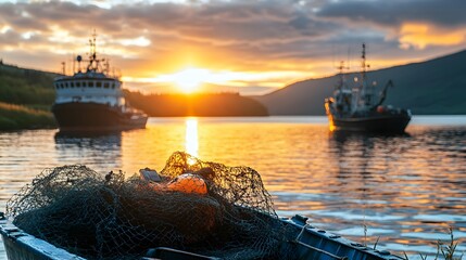Sunset over fishing boats with nets floating on calm water in a serene harbor setting