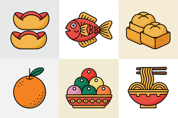Flat vector icon set for Chinese New Year food, featuring orange, fish, dumpling, and noodle bowl.