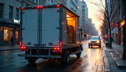 Delivery truck parked on city street at dusk. Cargo van with open back door revealing packages inside. Urban logistics concept commercial transportation service for goods.