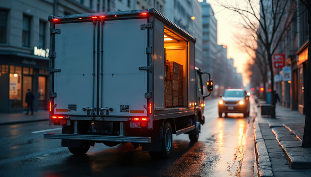 Delivery truck parked on city street at dusk. Cargo van with open back door revealing packages inside. Urban logistics concept commercial transportation service for goods.