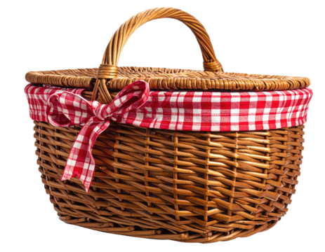 Classic wicker picnic basket with red and white checkered lining, bow and handle