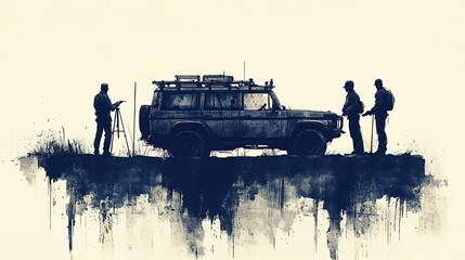 Silhouetted explorers gathering beside rugged expedition vehicle preparing for unknown terrain beneath dramatic ink washed sky evoking camaraderie resilience thrill