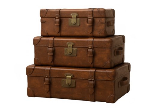 Stack of vintage brown leather suitcases with brass clasps, ready for travel or representing classic luggage