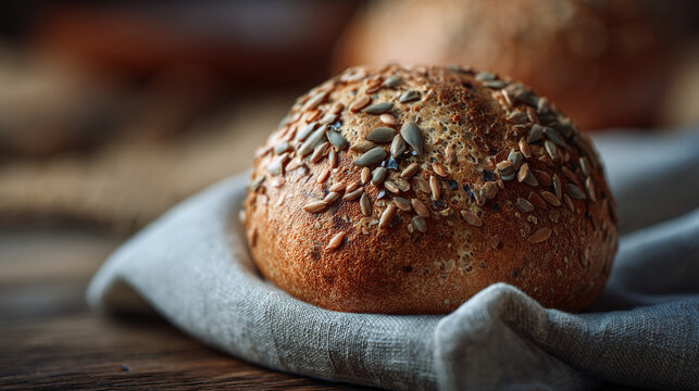 Close up of a seeded bread roll on a linen cloth and wooden surface table