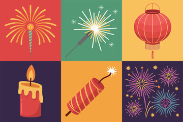 Stylized flat illustration set for Lunar New Year fireworks, showing firecracker, candle, lantern, and spark symbols.