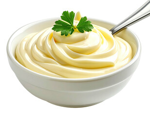 Close-up shot of creamy, smooth condiment in a bowl with parsley garnish