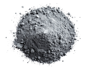A pile of fine grey powder and small rocks isolated on a black background