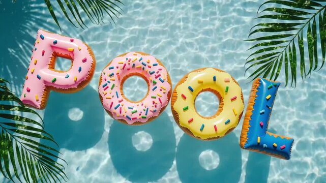 Colorful inflatable donut-shaped letters spelling POOL float in clear blue water with palm leaf shadows.