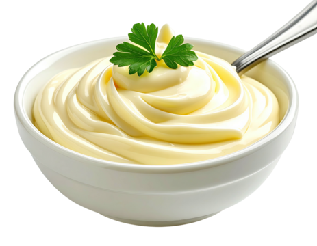 Close-up shot of creamy, smooth condiment in a bowl with parsley garnish