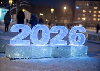 Glowing ice sculpture of the year 2026 in a snowy winter scene
