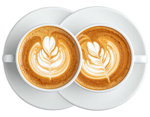 Two cappuccinos with latte art, centered on white saucers, angled for display