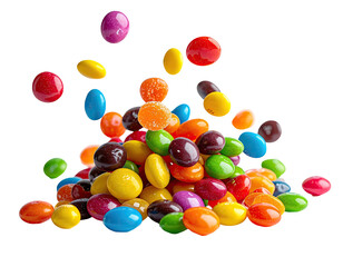 Colorful, glossy, assorted candies and treats falling into a delicious pile