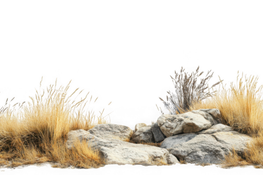 Dry golden grass and rough grey rocks on black background image - Powered by Adobe