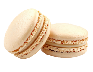 Two delicate, pale beige French macarons, showing detailed textures on black