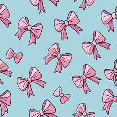 Pink Cartoon Bows on Light Blue Background – Seamless Decorative Pattern