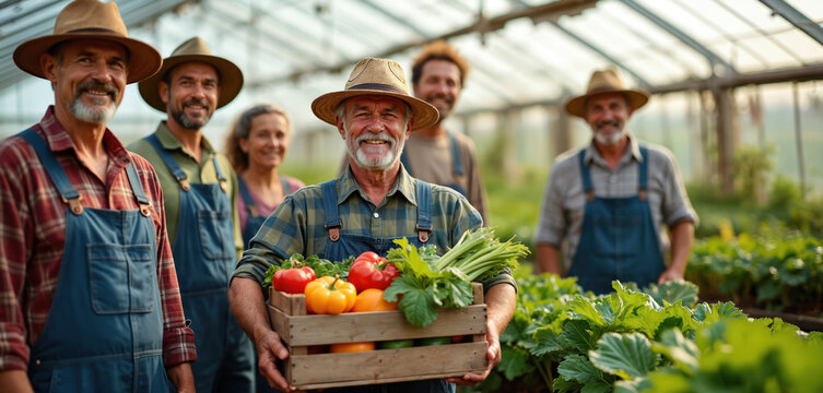 Multiethnic farmers work at greenhouse farm. Group of men and women wearing hats harvest vegetables. Senior man holds box with organic bio produce. Community grows healthy local food for market.
