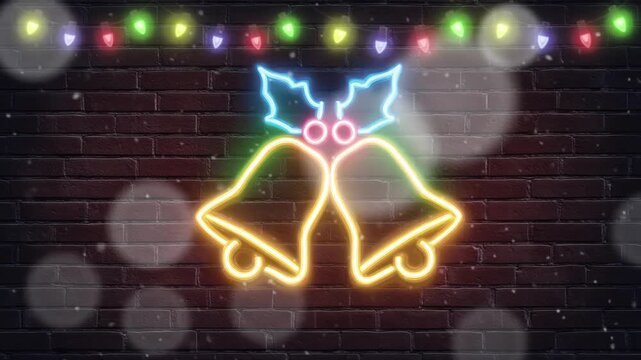 Neon Christmas Bells on Brick Wall with snofall. 