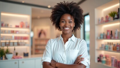 Attractive Black woman employee poses smiling in beauty shop. Confident salesperson stands with arms crossed. Modern skincare product store interior. Pro retail worker offers service.
