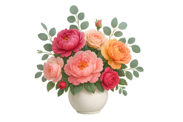 Vase holding a colorful bouquet of blooming roses and peonies, accented with green leaves, bringing elegance and freshness