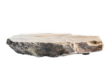 Flat grey and brown natural stone slab podium for product display isolated on black rock