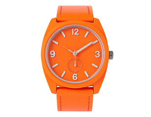Vibrant orange wristwatch with light hands and numbers against a dark background