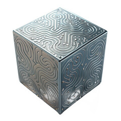Intricate metallic cube design with modern circuit board patterns, symbolizing technology, innovation, and complex systems