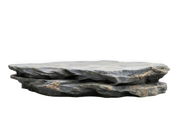 Flat gray slate rock podium with rough texture isolated on black background display platform stone