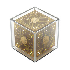 Futuristic golden circuit board cube glowing with innovation and advanced technology, perfect for digital transformation concepts.