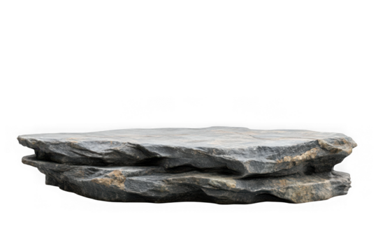 Flat gray slate rock podium with rough texture isolated on black background display platform stone