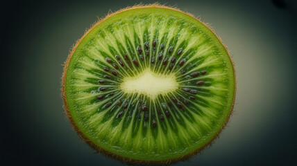 A close-up, top-down view of a vibrant, sliced kiwi fruit showcasing its intricate green flesh and black seeds.