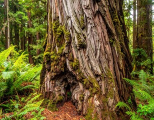 A towering redwood trunk with textured bark amidst lush green foliage