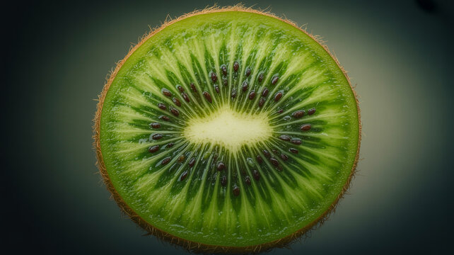 A close-up, top-down view of a vibrant, sliced kiwi fruit showcasing its intricate green flesh and black seeds.